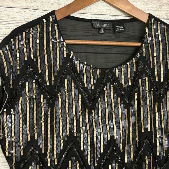 Miss Me Cocktail Hour Top Blk Gld Blue Sequins XS - Picture 5 of 7